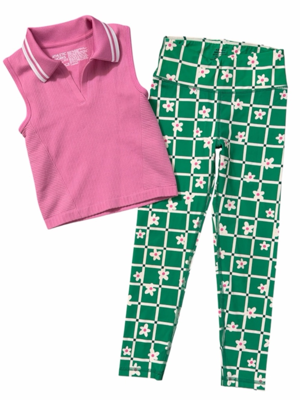 NWOT Hanna Andersson Green Grid Floral Leggings and pink collared top 6/7